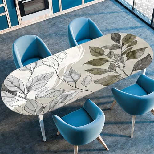 Chickwin Tischdecke Oval Abwaschbar 3D Tropisch Bedruckte Tischschoner Elastische Kante, Tischtuch aus Polyester für Küche Esszimmer Garten Balkon Camping (107x152cm,grüne Pflanzen) von Chickwin