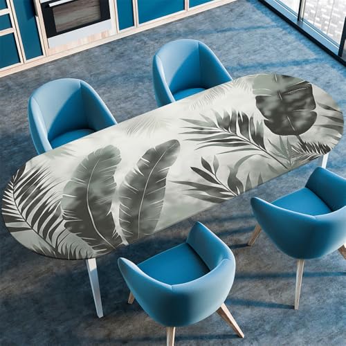 Chickwin Tischdecke Oval Abwaschbar 3D Tropisch Bedruckte Tischschoner Elastische Kante, Tischtuch aus Polyester für Küche Esszimmer Garten Balkon Camping (107x183cm,Palmblätter) von Chickwin