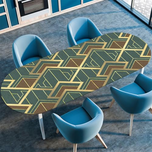 Chickwin Tischdecke Oval Abwaschbar Geometrischer Retro Bedruckte Tischschoner Elastische Kante, Tischtuch aus Polyester für Küche Esszimmer Garten Balkon Camping (107x173cm,Metall) von Chickwin