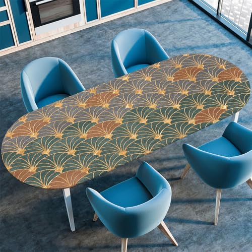 Chickwin Tischdecke Oval Abwaschbar Geometrischer Retro Bedruckte Tischschoner Elastische Kante, Tischtuch aus Polyester für Küche Esszimmer Garten Balkon Camping (132x274cm,Fächerförmig) von Chickwin