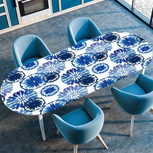 Chickwin Tischdecke Oval Abwaschbar Klassischer Retro-Stil Bedruckte Tischschoner Elastische Kante, Tischtuch aus Polyester für Küche Esszimmer Garten Balkon Camping (107x173cm,Blaue Blume) von Chickwin