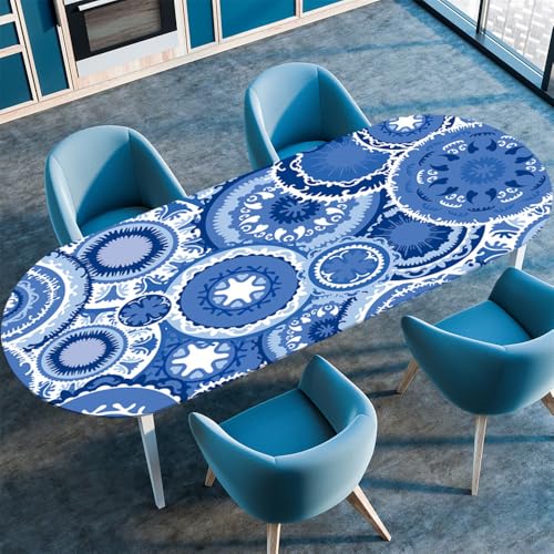 Chickwin Tischdecke Oval Abwaschbar Klassischer Retro-Stil Bedruckte Tischschoner Elastische Kante, Tischtuch aus Polyester für Küche Esszimmer Garten Balkon Camping (107x173cm,blaues Mandala) von Chickwin