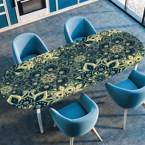 Chickwin Tischdecke Oval Abwaschbar Klassischer Retro-Stil Bedruckte Tischschoner Elastische Kante, Tischtuch aus Polyester für Küche Esszimmer Garten Balkon Camping (122x173cm,grünes Mandala) von Chickwin