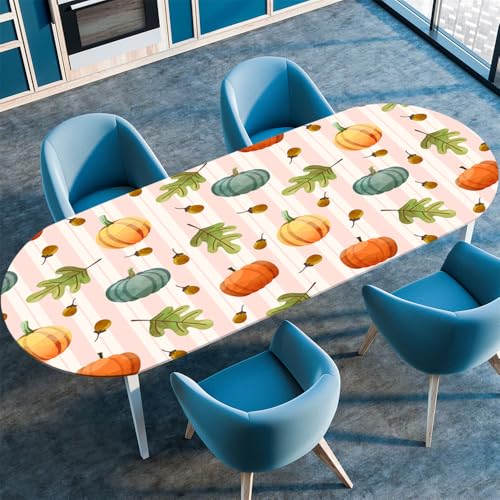 Chickwin Tischdecke Oval Abwaschbar Kürbis-Party-Druck Bedruckte Tischschoner Elastische Kante, Tischtuch aus Polyester für Küche Esszimmer Garten Balkon Camping (Blauer Kürbis,107x165cm) von Chickwin