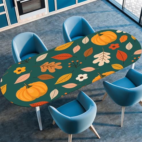 Chickwin Tischdecke Oval Abwaschbar Kürbis-Party-Druck Bedruckte Tischschoner Elastische Kante, Tischtuch aus Polyester für Küche Esszimmer Garten Balkon Camping (Oranger Kürbis,122x173cm) von Chickwin