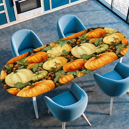 Chickwin Tischdecke Oval Abwaschbar Kürbis-Party-Druck Bedruckte Tischschoner Elastische Kante, Tischtuch aus Polyester für Küche Esszimmer Garten Balkon Camping (weißer Kürbis,107x152cm) von Chickwin