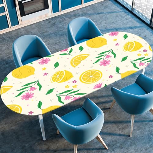 Chickwin Tischdecke Oval Abwaschbar Obst Bedruckte Tischschoner Elastische Kante, Tischtuch aus Polyester für Küche Esszimmer Garten Balkon Camping (107x165cm(42"x65"),Zitrone) von Chickwin