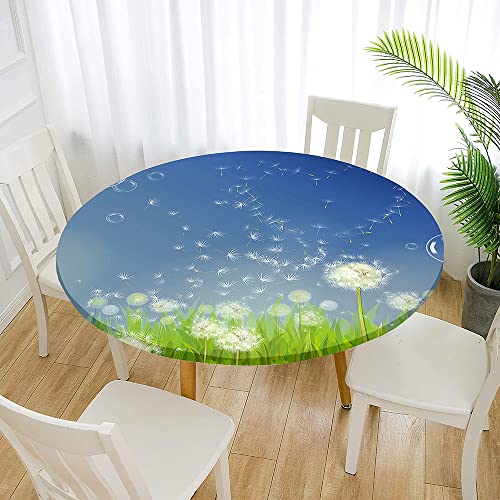 Chickwin Tischdecke Runde Wasserdicht Abwaschbar 3D-Löwenzahn Tischschoner Elastische Kante, Tischtuch aus Polyester für Küche, Esszimmer, Garten (Löwenzahn fliegt,100cm (für 80-90cm Tisch)) von Chickwin