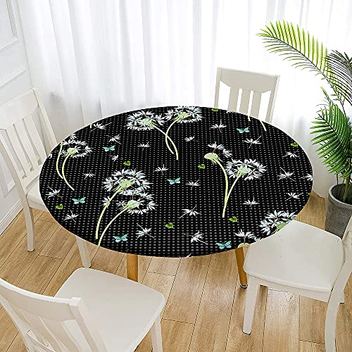 Chickwin Tischdecke Runde Wasserdicht Abwaschbar 3D-Löwenzahn Tischschoner Elastische Kante, Tischtuch aus Polyester für Küche, Esszimmer, Garten (schwarzes Punktmuster,100cm (für 80-90cm Tisch)) von Chickwin