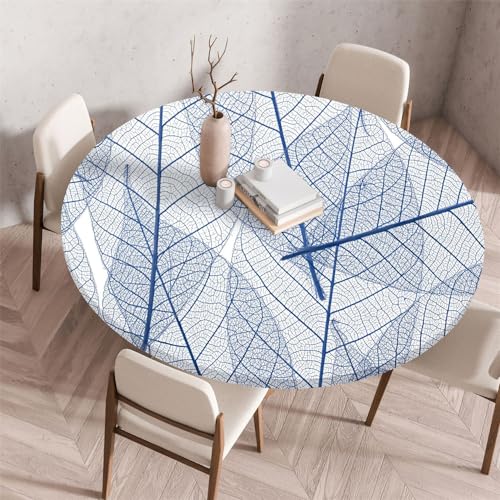 Chickwin Tischdecke Runde Wasserdicht Abwaschbar Transparenter 3D-Blattdruck Tischschoner Elastische Kante, Tischtuch aus Polyester für Küche, Esszimmer, Garten, Balkon (Blau,130cm) von Chickwin