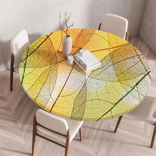 Chickwin Tischdecke Runde Wasserdicht Abwaschbar Transparenter 3D-Blattdruck Tischschoner Elastische Kante, Tischtuch aus Polyester für Küche, Esszimmer, Garten, Balkon (Gelb,130cm) von Chickwin