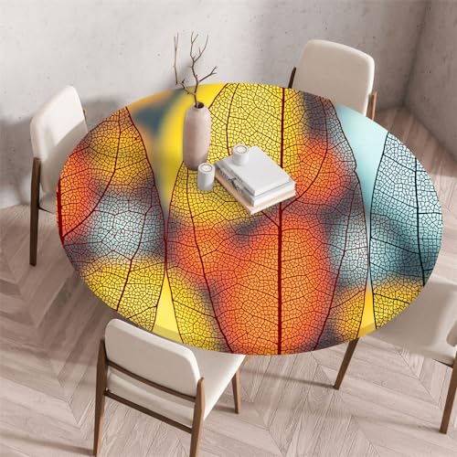 Chickwin Tischdecke Runde Wasserdicht Abwaschbar Transparenter 3D-Blattdruck Tischschoner Elastische Kante, Tischtuch aus Polyester für Küche, Esszimmer, Garten, Balkon (Rot,130cm) von Chickwin