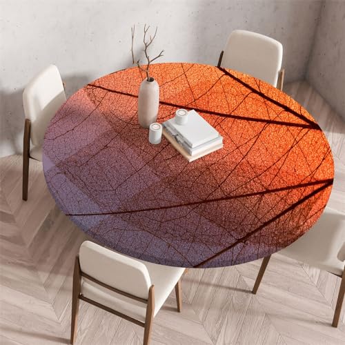 Chickwin Tischdecke Runde Wasserdicht Abwaschbar Transparenter 3D-Blattdruck Tischschoner Elastische Kante, Tischtuch aus Polyester für Küche, Esszimmer, Garten, Balkon (orange,130cm) von Chickwin