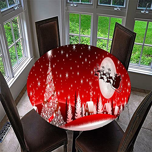 Chickwin Wasserdicht Weihnachten Tischdecke Runde, Verträumte Rote Weihnachten Tischtuch mit Elastische Kante aus Polyester Xmas Dekoration für Küche, Esszimmer, Garten (90cm,Weihnachtsbaum E) von Chickwin