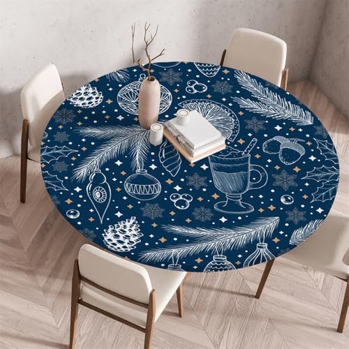 Chickwin Weihnachten Elastische Tischdecke Rund Outdoor Fleckschutz Abwischbar Schneeflocke Muster Wasserdicht Anti-Rutsch Round Gartentischdecke für Küche Camping Picknick (110cm,Blau) von Chickwin