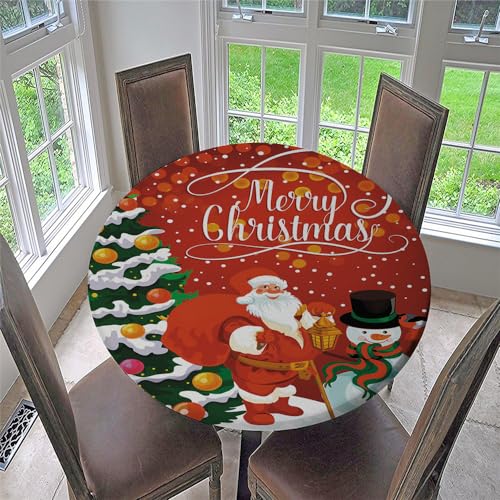 Chickwin Weihnachten Runde Tischdecke, wasserdichte Abwischbare Tischtuch mit Gummiband, mit 3D Weihnachtsmann-Druck, Stehtisch Hussen für Drinnen und Draußen (Für Tisch 100–110 cm,Stil C) von Chickwin