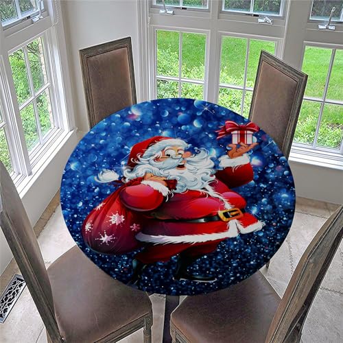 Chickwin Weihnachten Runde Tischdecke, wasserdichte Abwischbare Tischtuch mit Gummiband, mit 3D Weihnachtsmann-Druck, Stehtisch Hussen für Drinnen und Draußen (Für Tisch 80-90 cm,Stil H) von Chickwin