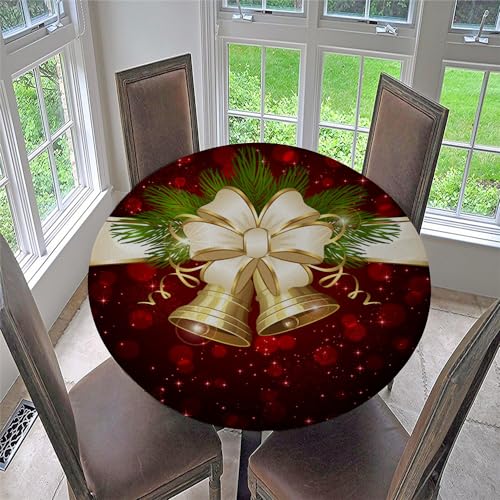 Chickwin Weihnachten Runde Tischdecke, wasserdichte Abwischbare Tischtuch mit Gummiband, mit Gold Kleine Glöckchen Druck, Stehtisch Hussen für Drinnen und Draußen (Stil B,Für Tisch 130-140 cm) von Chickwin