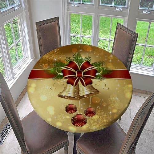 Chickwin Weihnachten Runde Tischdecke, wasserdichte Abwischbare Tischtuch mit Gummiband, mit Gold Kleine Glöckchen Druck, Stehtisch Hussen für Drinnen und Draußen (Stil C,Für Tisch 130-140 cm) von Chickwin