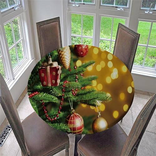 Chickwin Weihnachten Runde Tischdecke 3D Wunderschöne Weihnachtskugeln Druck wasserdichte AbwischbareTischtuch mit Gummiband, Stehtisch Hussen für Drinnen und Draußen (Für Tisch 70-80 cm,F) von Chickwin