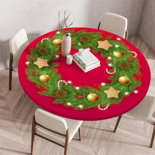 Chickwin Weihnachten Runde Tischdecke mit Gummiband, Weihnachten Girlande Rebe Muster Outdoor Tischdecke, Abwaschbar Wasserdicht Anti-Rutsch Party Gartentischdecke (120cm,Kranz 3) von Chickwin