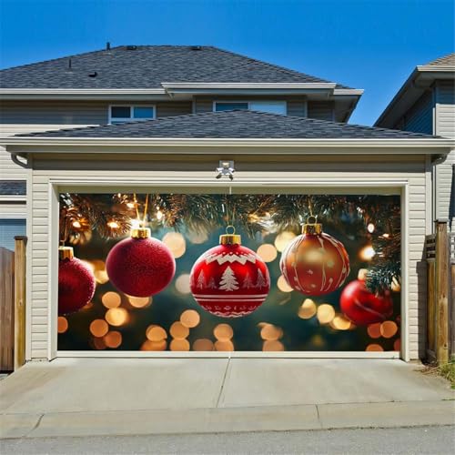 Chickwin Weihnachten Urlaub Garagentor Banner Abdeckung, Große Größe Xmas Frohe Weihnachten Dekorationen Klassiker für Happy New Year Outdoor Hintergrund rot (Weihnachtskugeln,150x200cm) von Chickwin