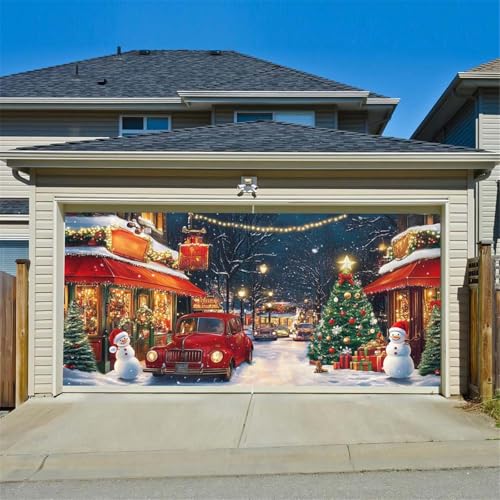 Chickwin Weihnachten Urlaub Garagentor Banner Abdeckung, Große Größe Xmas Frohe Weihnachten Dekorationen Klassiker für Happy New Year Outdoor Hintergrund rot (Weihnachtsstraße,150x200cm) von Chickwin