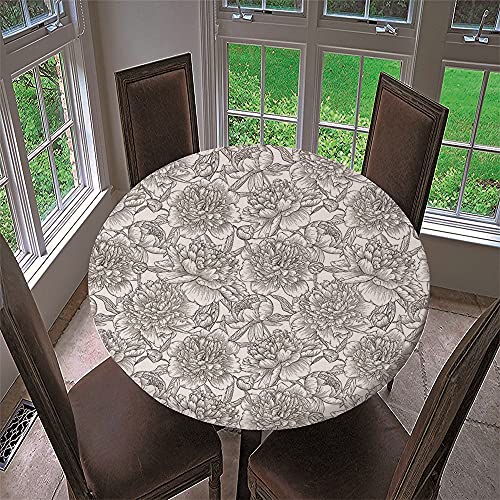 Chickw1 Runde Tischdecke Wasserdicht Abwaschbar mit Elastische Kante, 3D Elegant Blumig Bedruckte Tischschoner, Tischtuch aus Polyester für Küche, Restaurant, Garten (Graue Pfingstrose,90cm) von Chickwing