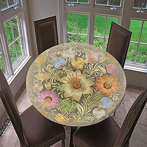 Chickw1 Runde Tischdecke Wasserdicht Abwaschbar mit Elastische Kante, 3D Elegant Blumig Bedruckte Tischschoner, Tischtuch aus Polyester für Küche, Restaurant, Garten (Luxus Golden,120cm) von Chickwing