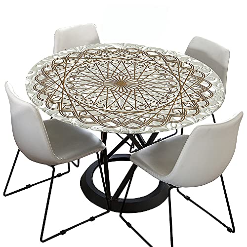 Chickw1 Tischdecke Runde Elastische Kante Wasserdicht Abwaschbar Retro Mandala Stil Tischschoner, Tischtuch aus Polyester für Küche, Esszimmer, Garten, Balkon (Goldene Geometrie,90cm) von Chickwing