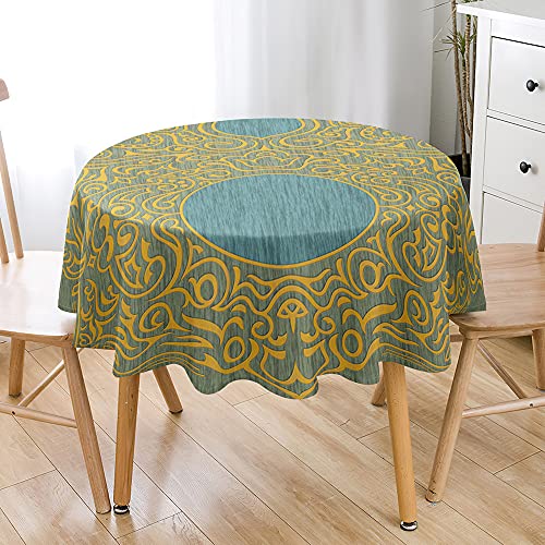 Chickw1 Tischdecke Runde Wasserdicht Abwaschbar 3D Vintage Muster Bedruckte Tischschoner Fleckschutz, Tischtuch aus Polyester für Küche,Esszimmer,Garten oder Camping (Goldene Sprache,150cm) von Chickwing