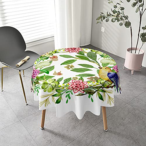 Chickw1 Tischdecke Runde Wasserdicht Abwaschbar 3D Vogel Bedruckte Tischschoner Fleckschutz, Tischtuch aus Polyester für Küche, Esszimmer, Garten oder Camping (Grüner Wald,150cm) von Chickwing