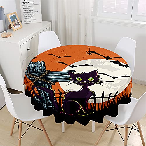 Chickw1 Wasserdicht Runde Tischdecke 3D Halloween Kürbis Schwarze Katze Bedruckte Tischdecke, Abwaschbar Tischtuch, Tischdekoration Benutzt für Küche, Esszimmer, Garten (Böse Katze,150cm) von Chickwing