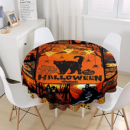 Chickw1 Wasserdicht Runde Tischdecke 3D Halloween Kürbis Schwarze Katze Bedruckte Tischdecke, Abwaschbar Tischtuch, Tischdekoration Benutzt für Küche, Esszimmer, Garten (Halloween Party,100cm) von Chickwing