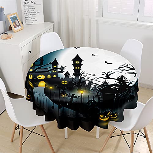 Chickw1 Wasserdicht Runde Tischdecke 3D Halloween Nacht Kürbis Schloss Bedruckte Tischdecke, Abwaschbar Tischtuch, Tischdekoration Benutzt für Küche, Esszimmer, Garten (Schwarze Burg,150cm) von Chickwing