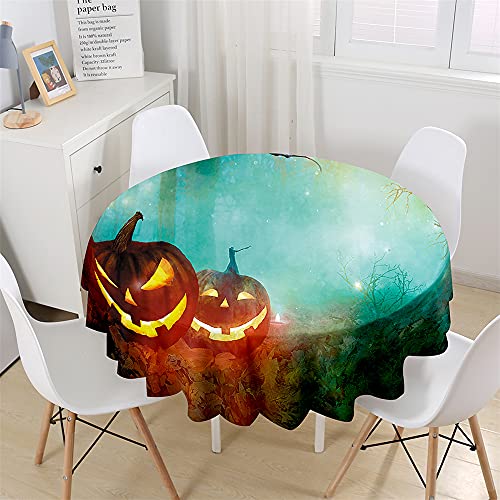 Chickw1 Wasserdicht Runde Tischdecke 3D Halloween Teuflisch Kürbis Bedruckte Tischdecke, Abwaschbar Tischtuch, Tischdekoration Benutzt für Küche, Esszimmer, Garten (Ödland,150cm) von Chickwing