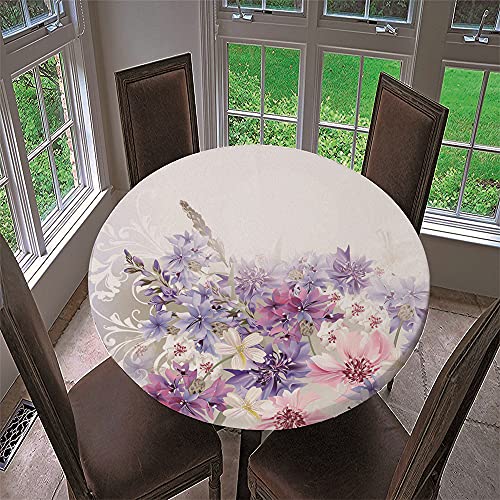 Chickw1 Runde Tischdecke Wasserdicht Abwaschbar mit Elastische Kante, 3D Elegant Blumig Bedruckte Tischschoner, Tischtuch aus Polyester für Küche, Restaurant, Garten (Lila Romantik,100cm) von Chickwing