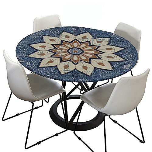 Chickw1 Tischdecke Runde Elastische Kante Wasserdicht Abwaschbar Retro Mandala Stil Tischschoner, Tischtuch aus Polyester für Küche, Esszimmer, Garten, Balkon (Denim Blue,100cm) von Chickwing