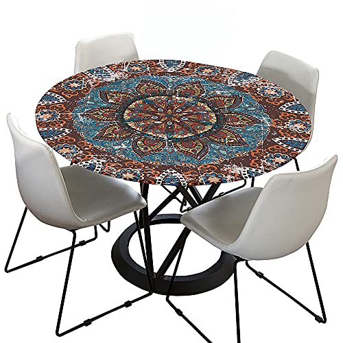 Chickw1 Tischdecke Runde Elastische Kante Wasserdicht Abwaschbar Retro Mandala Stil Tischschoner, Tischtuch aus Polyester für Küche, Esszimmer, Garten, Balkon (Indischer Stil,100cm) von Chickwing