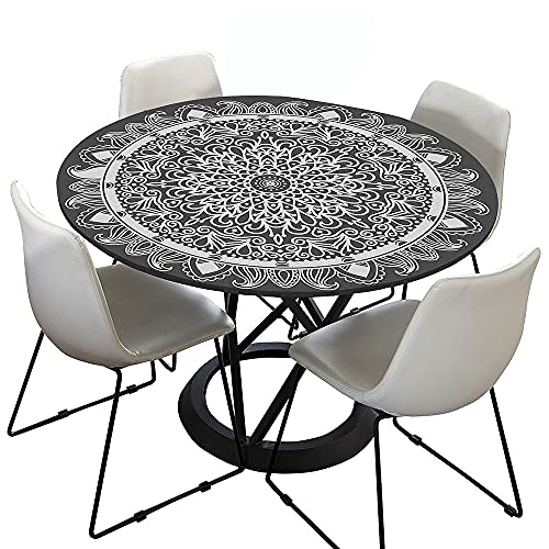 Chickw1 Tischdecke Runde Elastische Kante Wasserdicht Abwaschbar Retro Mandala Stil Tischschoner, Tischtuch aus Polyester für Küche, Esszimmer, Garten, Balkon (Weiße Sonne,100cm) von Chickwing