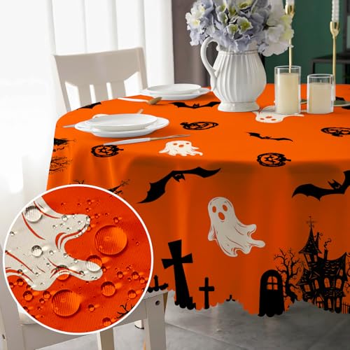 Halloween Tischdecke Rund 150 cm Abwaschbar Kürbis Geist Tischdecke Fleckschutz Pflegeleicht Wasserdicht Tischtuch aus Polyester Tischdecken für Küche, Esstisch, Couchtisch, Party, Garten von Chicnix