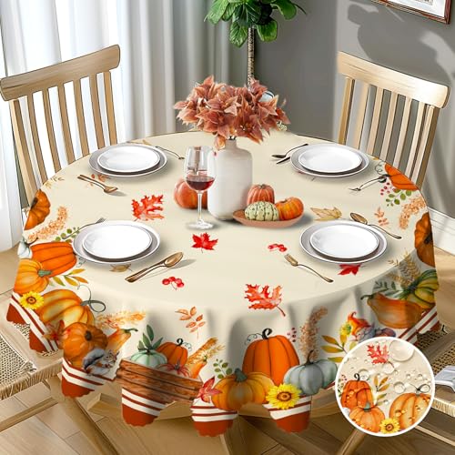 Herbst Tischdecke Rund 150 cm Abwaschbar Kürbis Tischdecke Fleckschutz Pflegeleicht Wasserdicht Tischtuch aus Polyester Tischdecken für Küche, Esstisch, Couchtisch, Party, Garten von Chicnix