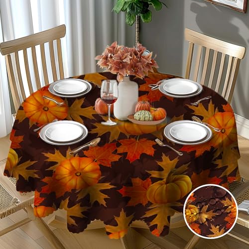 Herbst Tischdecke Rund 150 cm Abwaschbar Kürbis Tischdecke Fleckschutz Pflegeleicht Wasserdicht Tischtuch aus Polyester Tischdecken für Küche, Esstisch, Couchtisch, Party, Garten von Chicnix