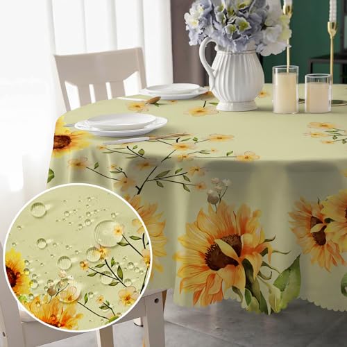 Tischdecke Rund 150 cm Abwaschbar Sonnenblume landhausstil Tischdecke Fleckschutz Pflegeleicht Wasserdicht Tischtuch aus Polyester Tischdecken für Küche, Esstisch, Couchtisch, Party, Garten von Chicnix