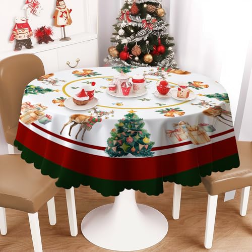 Weihnachten Tischdecke Rund 150 cm, Abwaschbar Weihnachtsbaum Tischdecke Fleckschutz Pflegeleicht Wasserdicht Tischtuch aus Polyester Weihnachtstischdecke für Küche Esstisch Garten Party Dekor von Chicnix