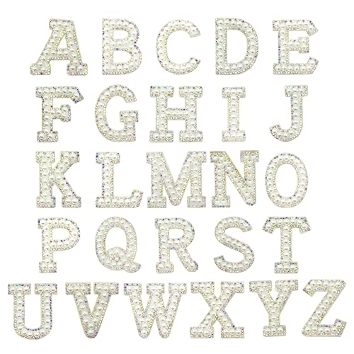 52 Stück Patches zum Aufbügeln Set Buchstaben, Buchstabe AZ Bling Aufbügeln Patches Alphabet Applikation Mit Strass Perle Perlen für DIY T-Shirt Jeans Kleidung Taschen Flicken Patches Sticker von Chihutown