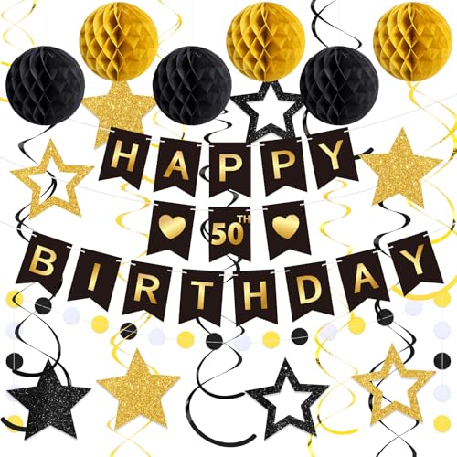 Chiisong 50th Schwarz und Gold Happy Birthday Dekorationen Happy Birthday Banner mit Glitzer Sterne Hängende Wirbel Luftschlangen Wabenbälle Kreis Punkte Girlande Happy Birthday Schild für von Chiisong