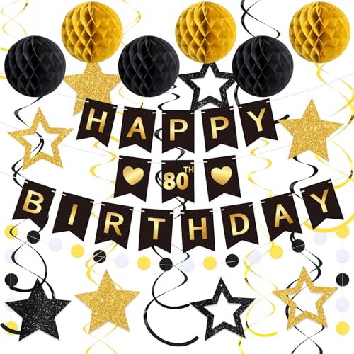 Chiisong 80th Schwarz Gold Happy Birthday Dekorationen Happy Birthday Banner mit Glitzer Sterne Hängende Wirbel Luftschlangen Wabenbälle Kreis Punkte Girlande Happy Birthday Schild für von Chiisong