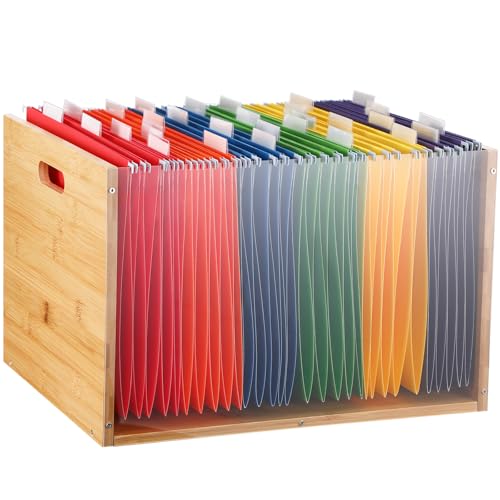 Chiisong Transparente Acryl-Aktenbox mit 30 Stück, 6 Farben, Hängemappen, Bambus-Hängemappe, Aufbewahrungs-Organizer, Aktenkiste, Mülleimer mit Griff für Zuhause, Büro, Schreibtisch, Briefgröße von Chiisong