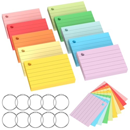 Chiluxendo 1000 Blätter Karteikarten A8, Moderationskarten, Lernkarten Flashcards, Vokabelkarten Bunt, Karteikarte mit 10 Binderingen, für Unterwegs Lernen Notizen Schule Büro Zuhause(10 Farben) von Chiluxendo